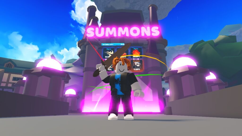 A character from Roblox game Elemental Dungeons standing in front of the Summons area. They're holding a sword above their head.