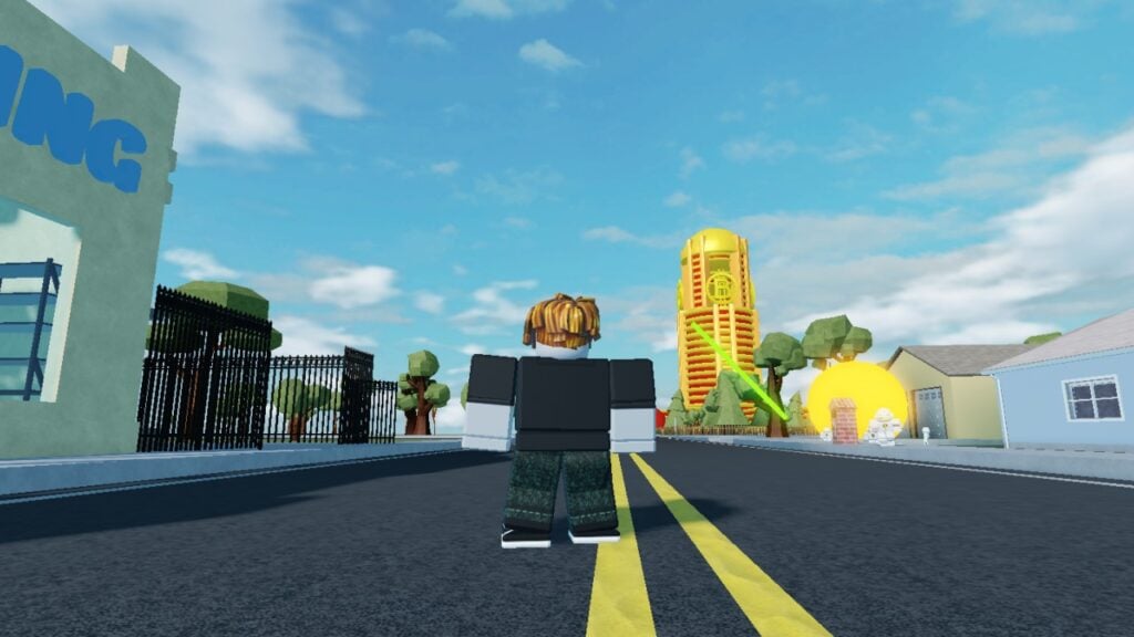 A character from Roblox game Omini X standing in an urban street area.