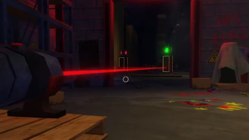 A screenshot of a laser firing into a distant mirror through a door in Roblox game Poppy Playtime Forever.