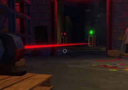 A screenshot of a laser firing into a distant mirror through a door in Roblox game Poppy Playtime Forever.