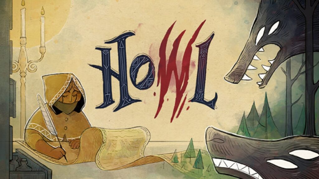 Howl the game. it features a person wearing a beige hooded dress and a wolf-beast howling nearby.
