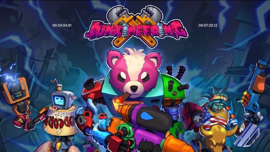 featured image for Junkineering. it features a variety of vibrant roboots, one that looks like a pink panda, another that looks like Wall-E, and more.