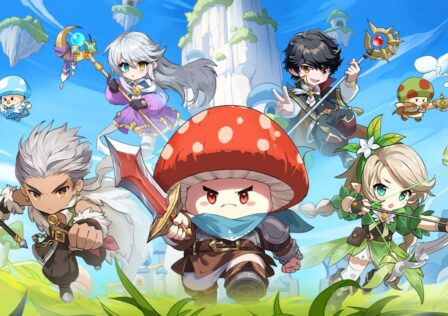 featured image for our news on Legend of Mushroom. It features the main mushroom leading a pack of characters holding weapons.