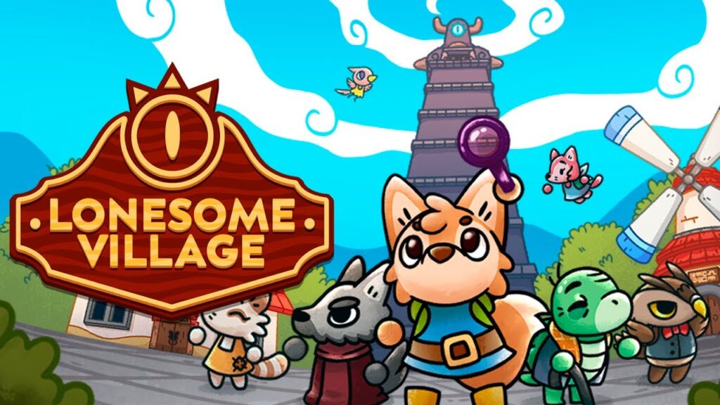 The Feature image for the Lonesome Village Andoird release news is the main character wes the coyote surrounded by other side characters infront of a tower and the logo of the game on the left side.