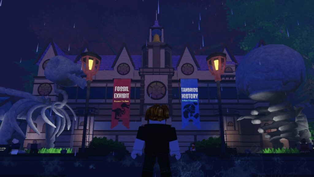 A character from Roblox game Tales of Tanorio standing in front of the decadent Arksworth Museum.