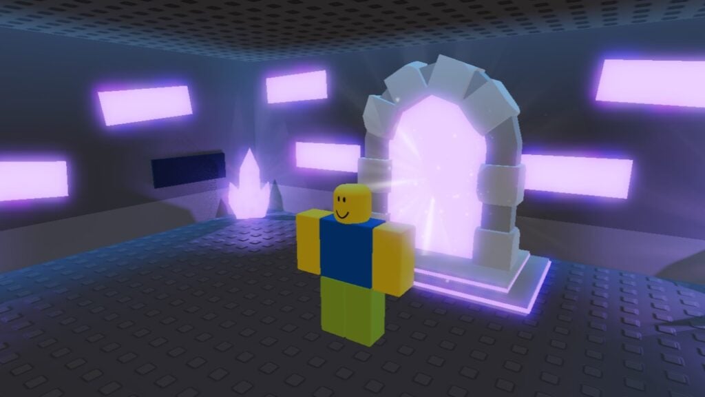 A character from Roblox game Need More Friends standing in front of a glowing purple doorway.