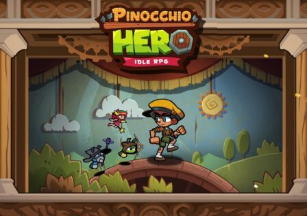 Pinocchio Hero Idle RPG. It shows Pinocchio walking on a wooden wheel that's set on a stage. There are other puppets on the stage which are smaller in size than him.
