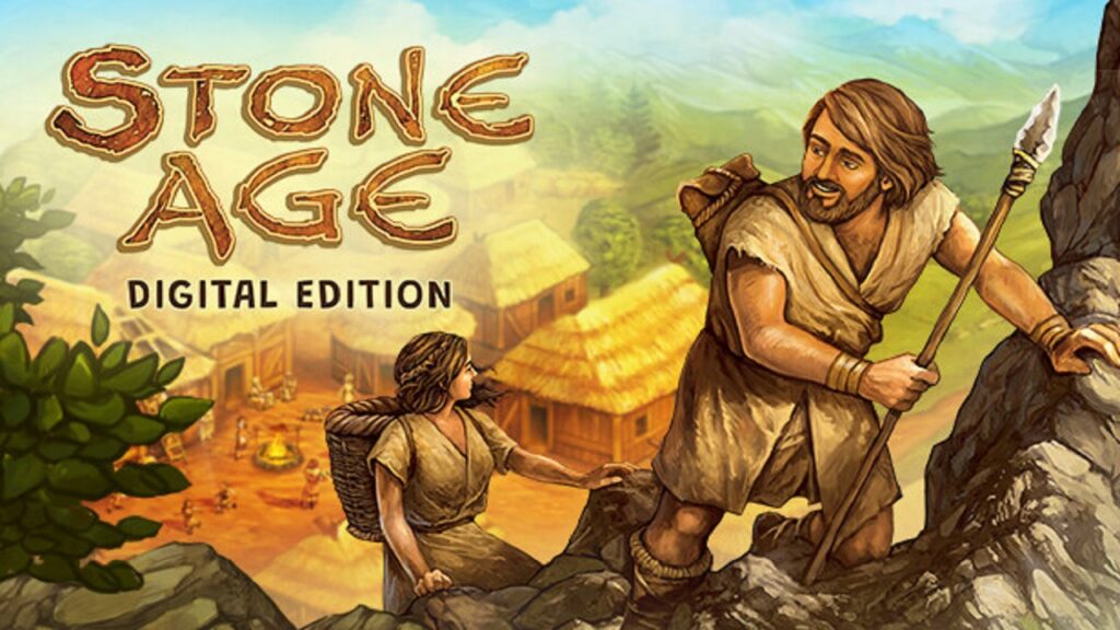 featured image for our news on Pre-register for Stone Age Digital Edition. it features the main protagonist with his wife carrying baskets on their backs, looking for resources. Behind the, we can see a village with huts.