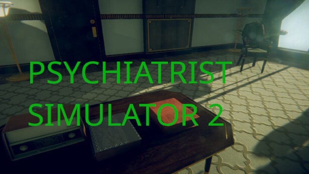 featured image for our news on Psychiatrist Simulator 2. It features a doctor's desk with two notepads. the name of the game is on the image in green fonts.