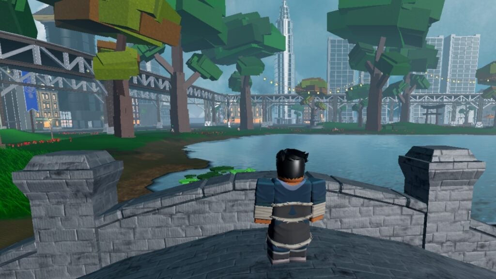 A character from Roblox game RoBending standing on a bridge, looking out over an urban area.