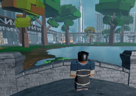 A character from Roblox game RoBending standing on a bridge, looking out over an urban area.
