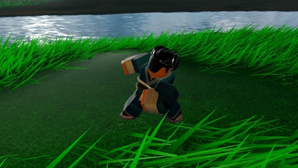 A character from Roblox game RoBending Online performing a melee attack in a grassy area.