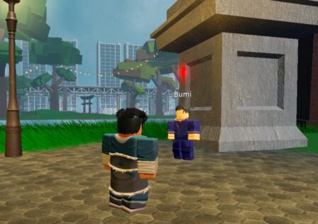 A character from Roblox game RoBending standing in front of the Bumi NPC.