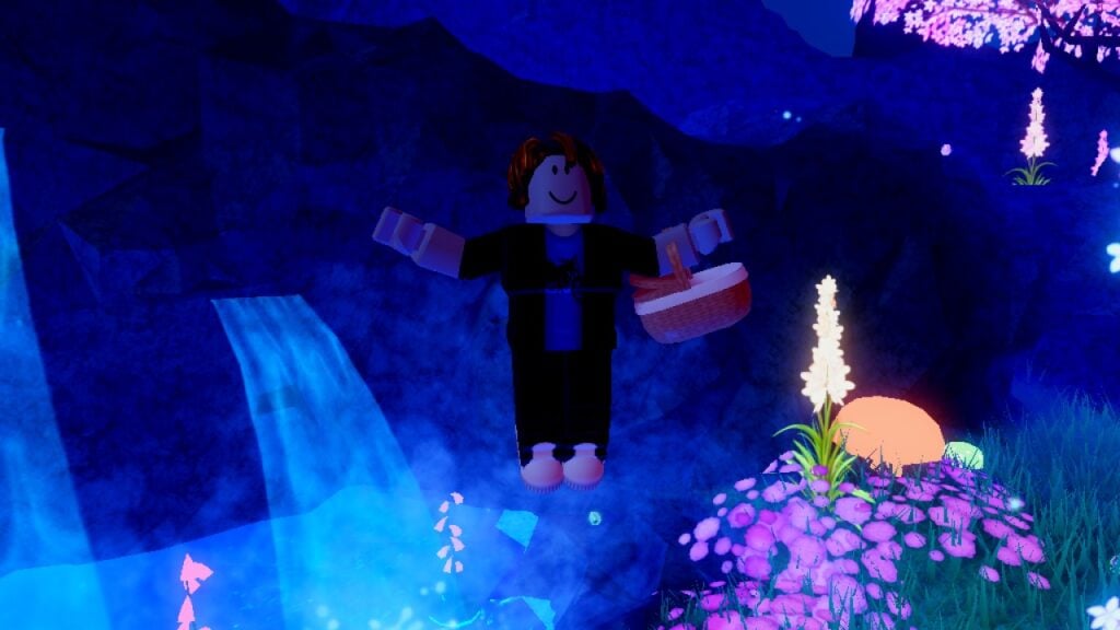 A character from Roblox game Royale High, floating in the air above a waterfall. They're holding an egg basket in their hand, as part of Roblox's The Hunt event.