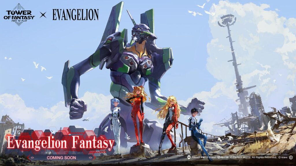 The feature image for the nws of Tower of Fantasy x Evangelion Collaboration is the event's banner with characters fom both titles againts the backdrop of a clear blue sky.