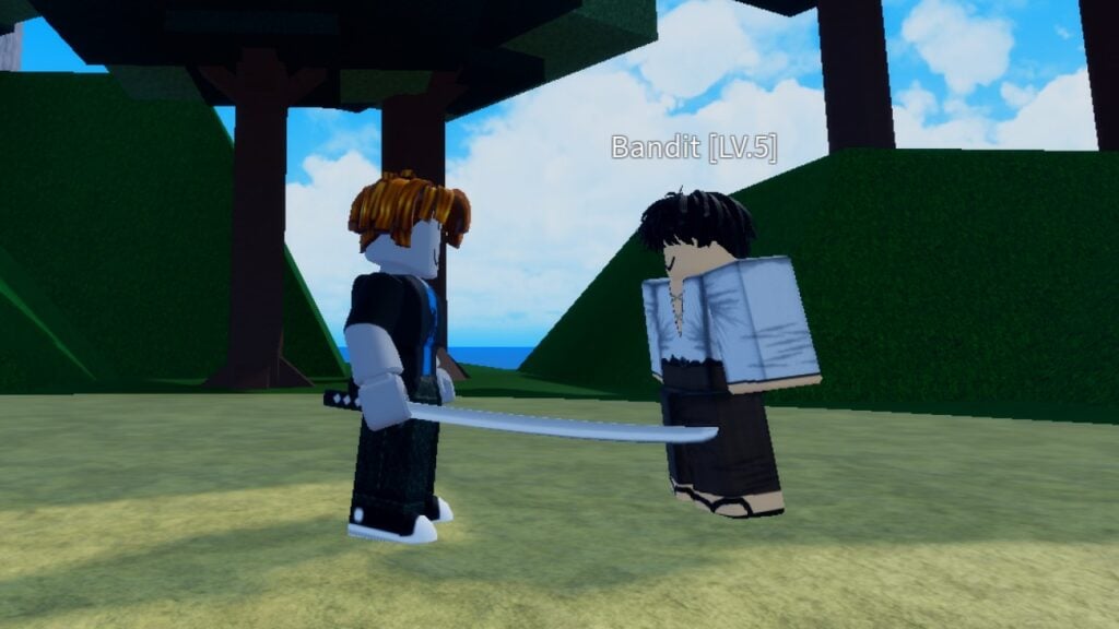 A character from Roblox game Second Piece facing a Bandit, sword in hand.