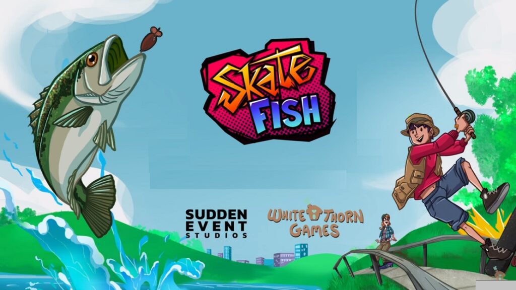 featured image for our news on Skate Fish. It features a fish jumping in the air from a lake/river to catch the bait. On the other side, we see a guy skateboarding on a wooden bridge over the river. He's holding the fishing rod that has the bait.