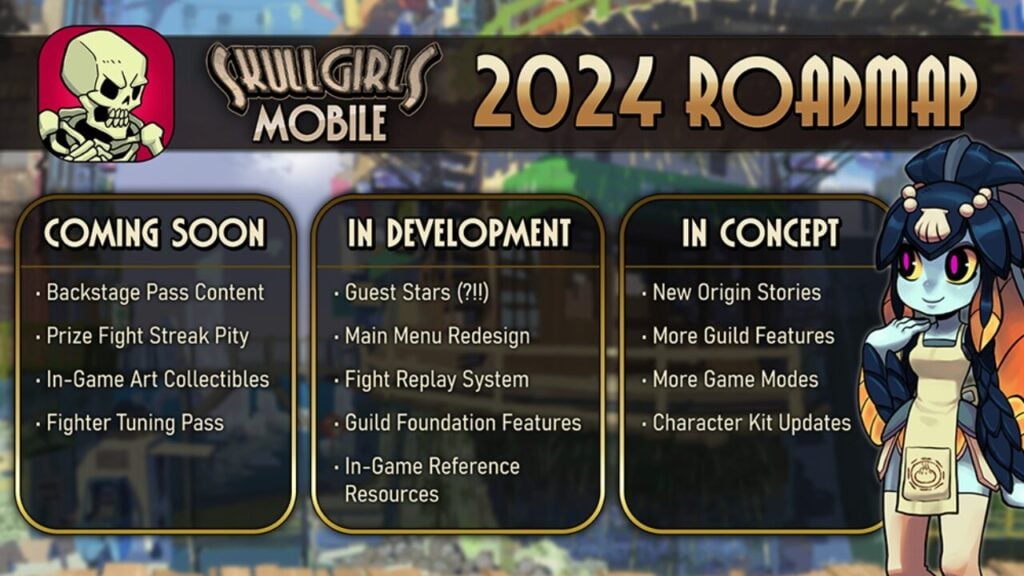 The feature image for the news on Skullgirls Mobile 6.2 Update has the deatails of the 2024 road map with the logo skull on the side. It also has a list of "coming soon", "in development" and "in concept".