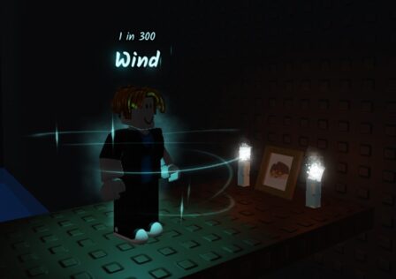 A character from Roblox game Sols RNG standing next to a picture in a dark cave. Two candles are burning, one on either side of the picture.
