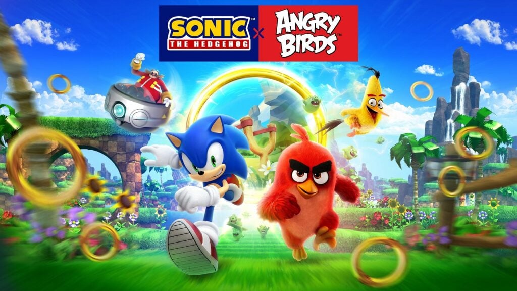 featured image for our news on Sonic x Angry Birds. We can see Sonic and Red running towards us, while other characters are also running behind them.
