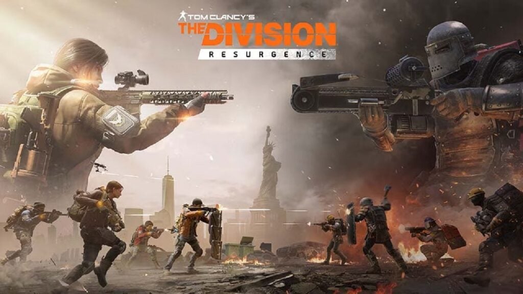 featured image for our news on Tom Clancy's The Division Resurgence. It features two characters holding guns and pointing at each other. Behind we can see a war-like atmosphere and a dusty background with the Empire State Building and Statue of Liberty.
