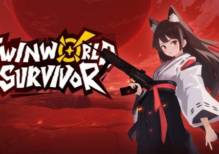 Key art for Android game Twinworld Survivor. The game's logo is shown on the left, while one of its characters stands on the right.