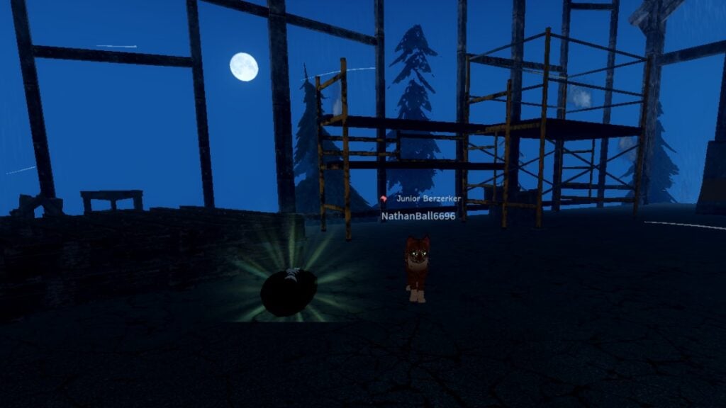 An image of a cat from Roblox game Warrior Cats, standing next to a glowing egg.