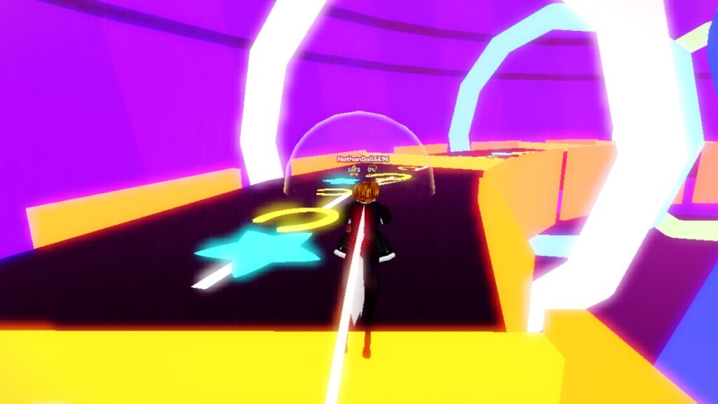 A character riding a horse in Roblox game Wild Horse Islands. They're on a neon-coloured race track, which is part of Roblox's The Hunt event.