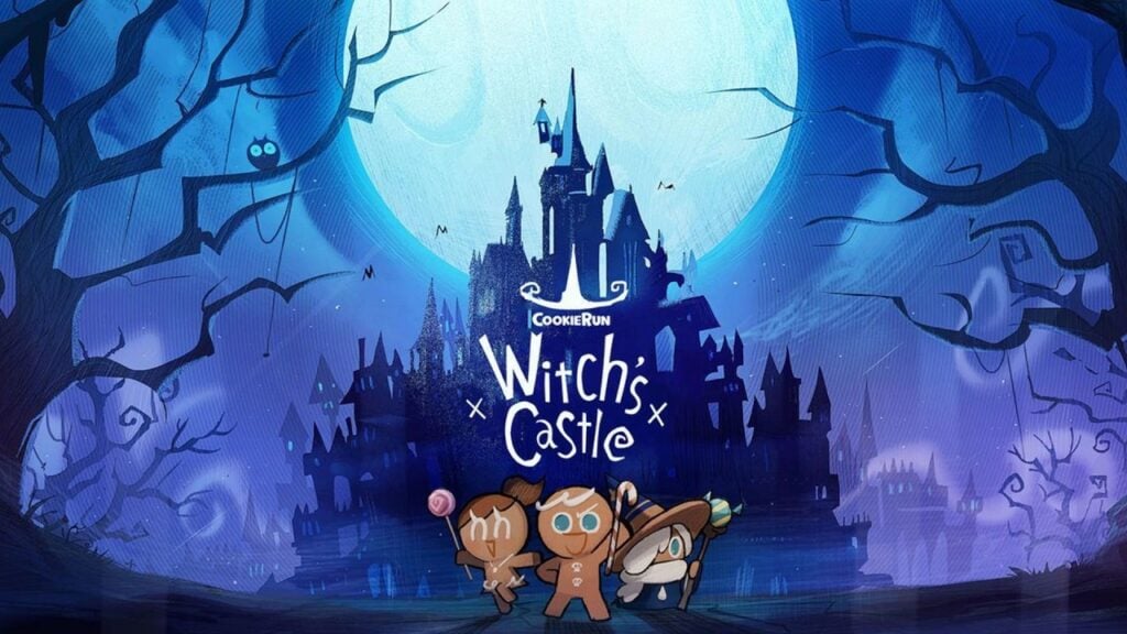 featured image for our news on Witch’s Castle. It features the castle in the background under the full-moon light. On the front, we can see three Cookies holding weapons in their hands.