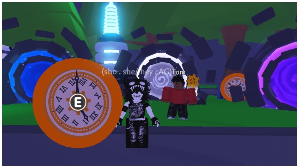 The image shows my avatar stood beside the clock vehicle in front of Tom who stands before the three portals at night time