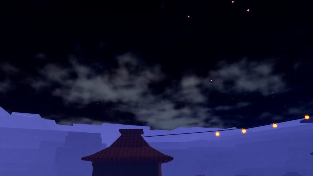 Feature image for our Anime Last Stand Jotaro guide. It shows night over the Anime Last Stand lobby town, with hanging lights and clouds in the sky.