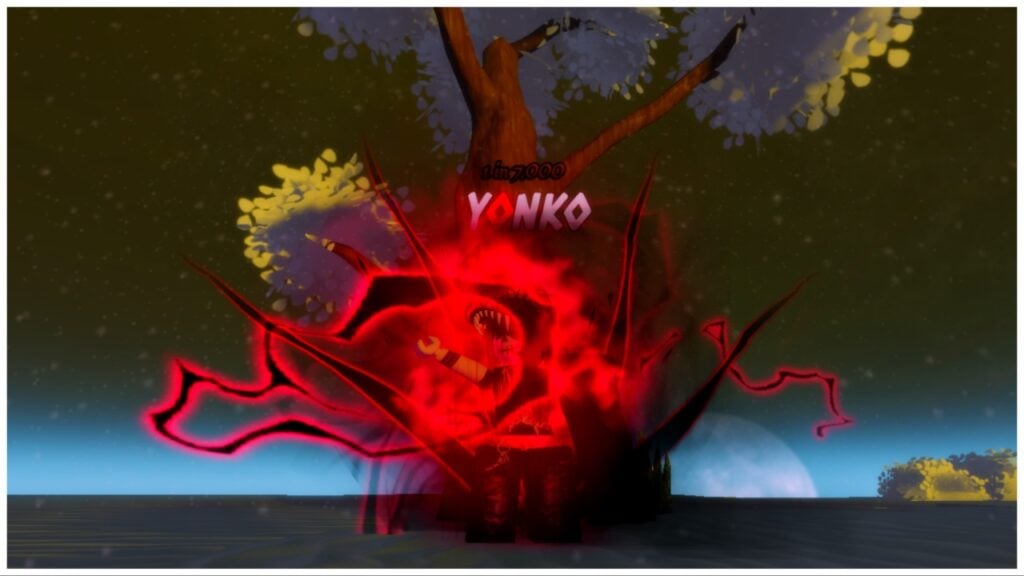 The image shows my avatar with the Yonko aura during sunrise snowy weather. She stands before a tree which is white from the fresh snowfall and the leaves have a faint yellow glow. The Yonko aura equips my avatar with a black cape over one arm and red and black spitting electricity