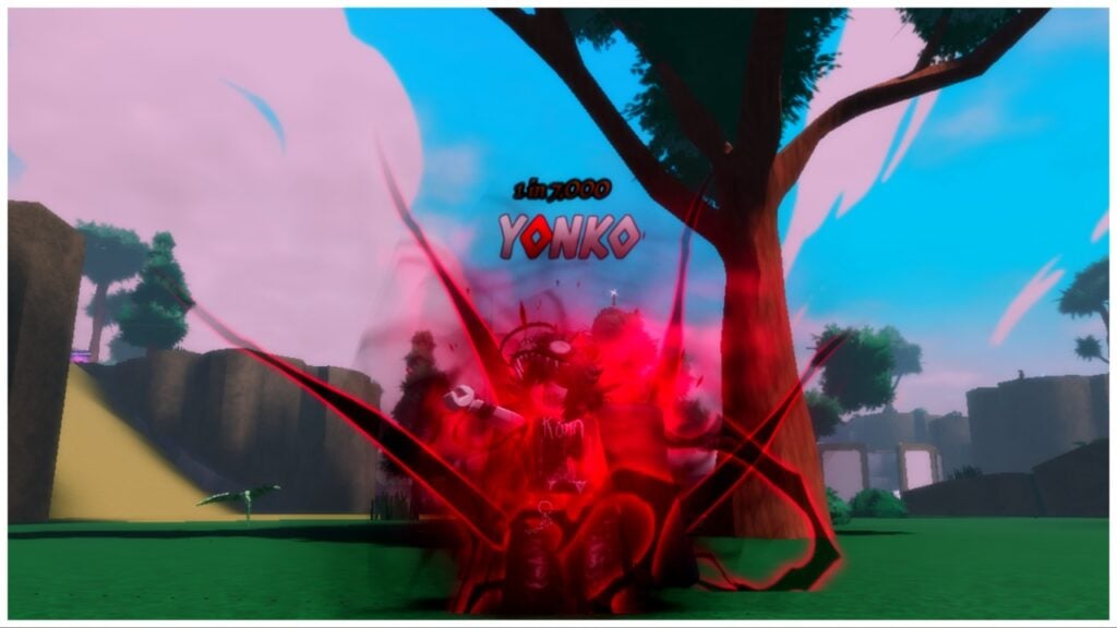 The image shows my avatar with the Yonko aura during daytime. The sky is blue with pink clouds and behind her is lush greenery and trees spanning into the distance over the island.