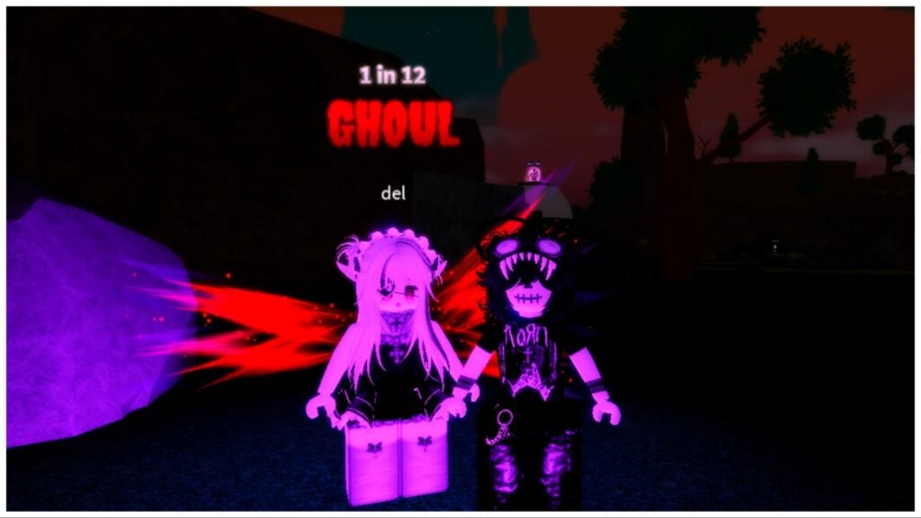 The image shows my avatar with no aura stood beside a fellow DG editor, Del, who has a white vampire like avatar with a ghoul aura which has sharp spewing red and purple spikes coming from her back.