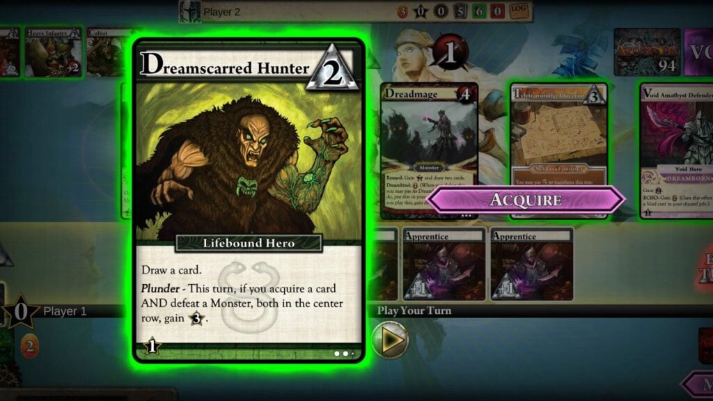 Feature image for our best Android card games. It shows a screenshot from Ascension showing the Dreamscarred Hunter card. A figure dressed in fur baring his teeth, with green eyes and veins.