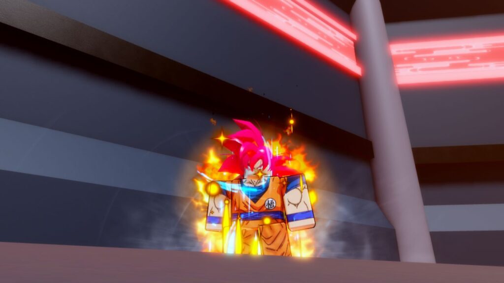 Feature image for our AU Reborn tier list. It shows a screen of a player character in the form of Goku with pink hair, wreathed in flames.