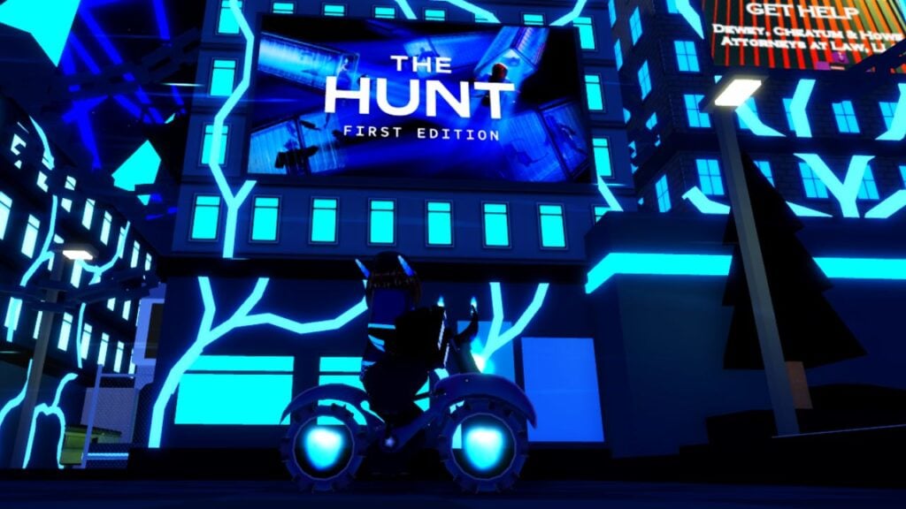 Feature image for our Bike Of Hell The Hunt guide. It shows a player on the Korblox Deathbike against a The Hunt banner in-game.