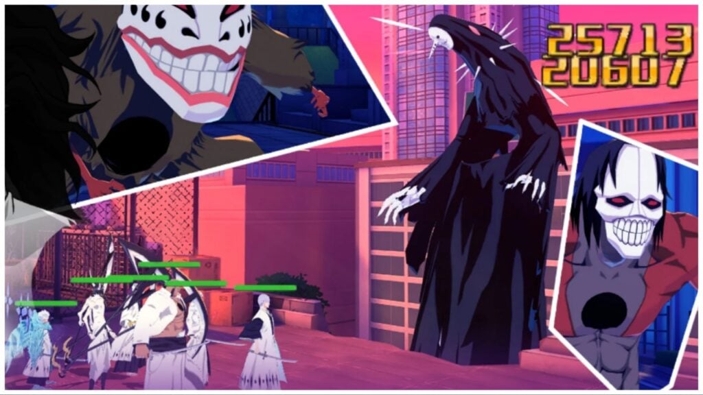 the image shows a bunch of 3D characters to the left with full health bars about to take on a giant entity which has a black cloak-like appearance with a white face and pointed nose.