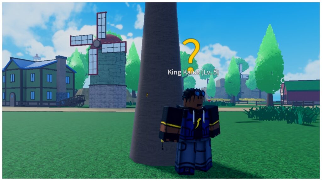 The image shows a clow up shot of one of the level NPCs who stands beneath a tree. In the distance are some green homes and a tall green windmill amongst the trees