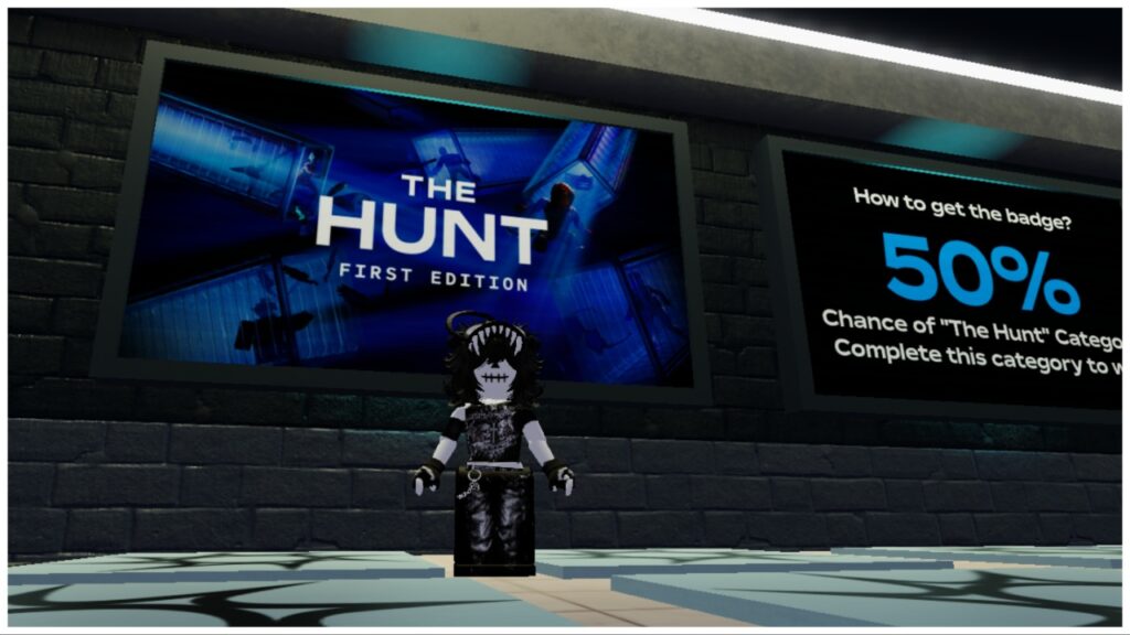 The image shows my avatar stood in front of the The Hunt banner in the main lobby of the game. To the right of her is a sign to announce the chances of a The Hunt category within the game