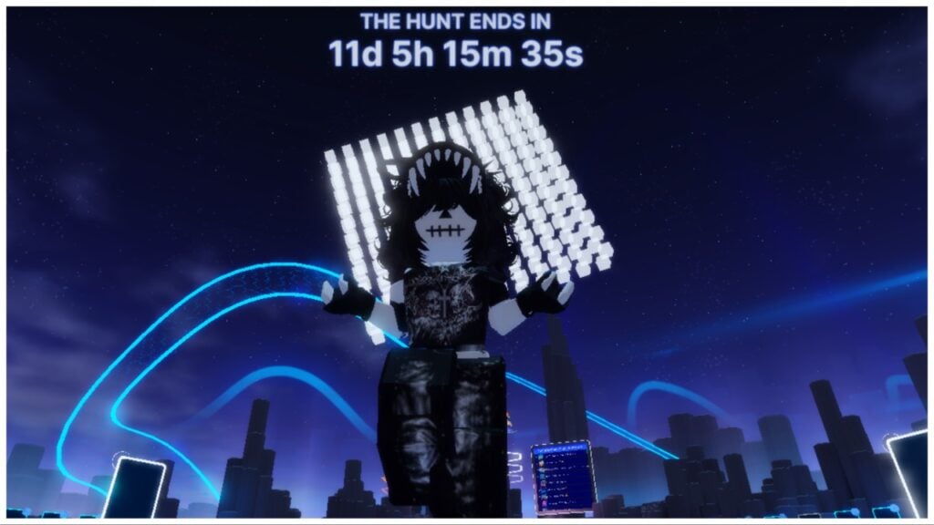 The image shows my avatar suspended in the air in front of the The Hunt countdown timer which features the Roblox logo in white dotted LED lights