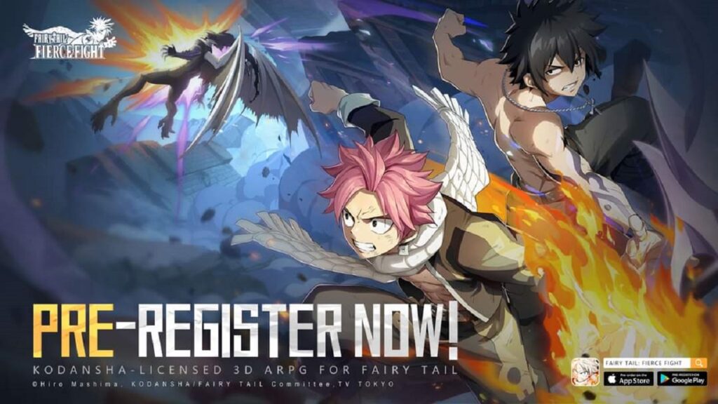 featured image for our news on Fairy Tail: Fierce Fight. It has the words pre-register now in big fonts. we can also see Natsu Dragneel and Erza Scarlet ready to fight some monsters.