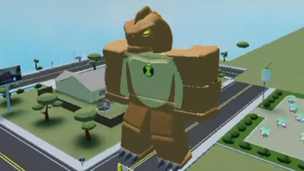 An image of the alien Humongousaur from Roblox game Omini X. In the background, a city street scene.