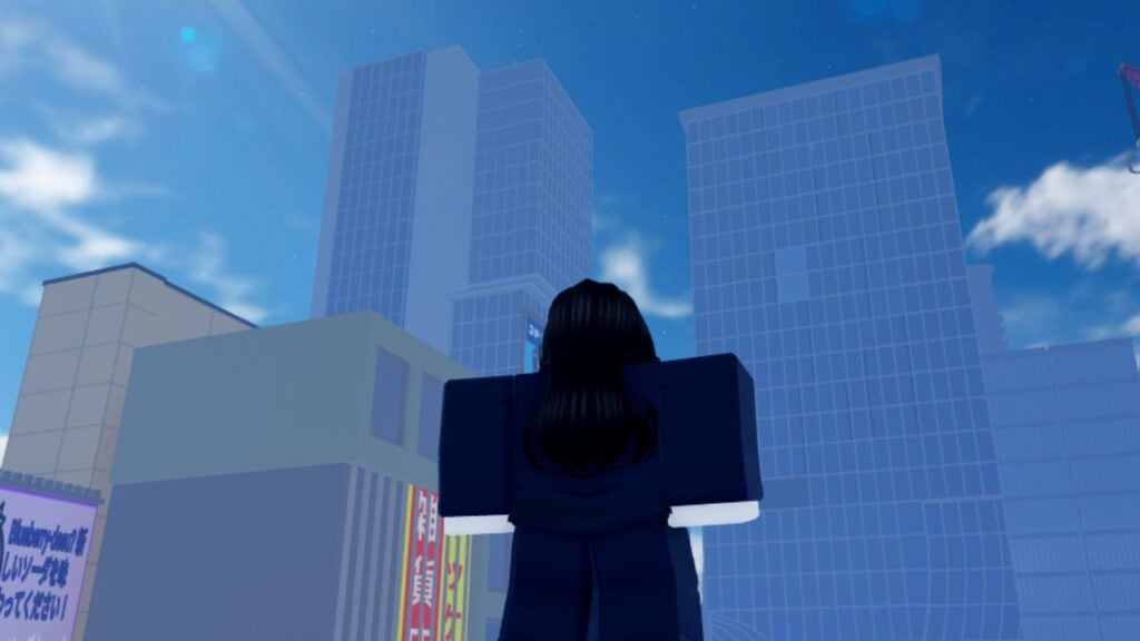 Feature image for our Jujutsu Chronicles tier list. It shows a figure in a Jujutsu High uniform looking at a city skyline.