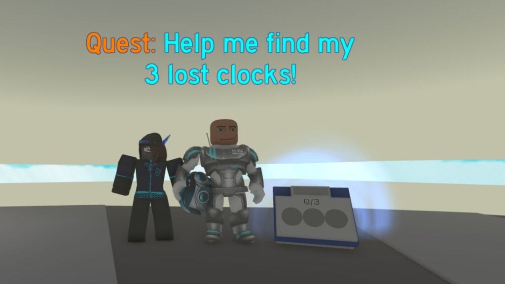 Our Natural Disaster Survival The Hunt guide. It shows a player character in The Hunt colors stood next to the game's new NPC who is asking for clocks.