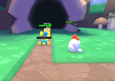 Feature image for our Pal Tower Defense codes guide. It shows a line of Noob enemies marching along a path towards a Chiclet unit, which resembles a large white chicken.