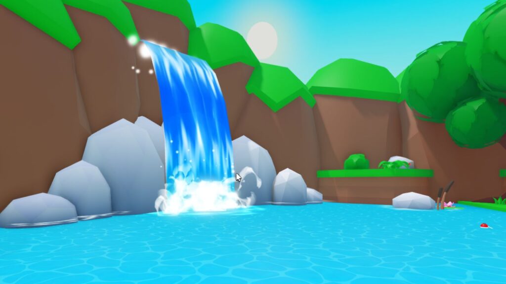 Feature image for our Pet Catchers Sea Champion guide. It shows a small lake with a waterfall in the in-game meadow area.