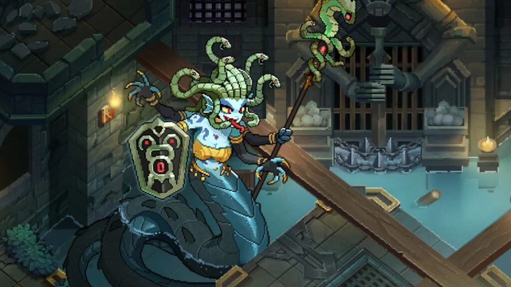 Feature image for our Pixel Heroes tier list. It shows a gorgon character with snake hair and a snake tail for legs in a partly-flooded chamber.