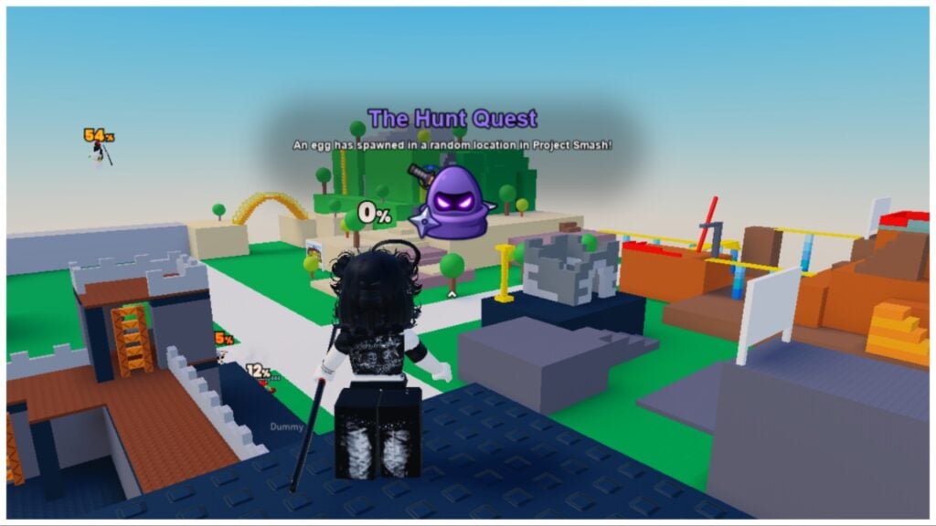 The image shows my avatar from the back stood on one of the tall platforms of the Project Smash arena. An icon of a purple hooded figure has appeared on the screen announcing the spawn of an event egg for players to find.