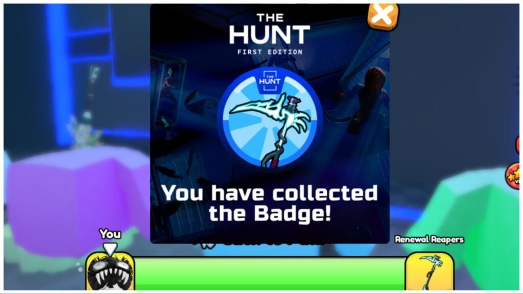 The image shows the pop up to say that I have earned the badge from Pull a Sword on The Hunt. Beneath the pop up is the duel bar between my avatar and the blade which awards the badge